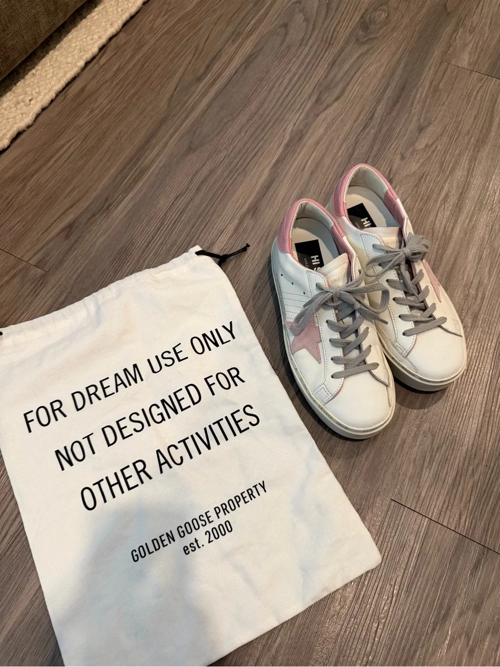 Golden Goose White Leather Sneakers with Pink Star and Heel